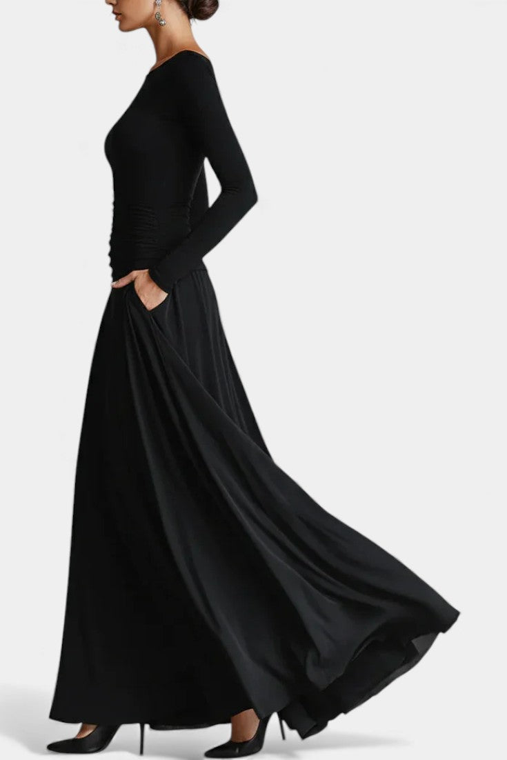 Stelline Robe Longue Plissée en Crêpe Moderne Noire