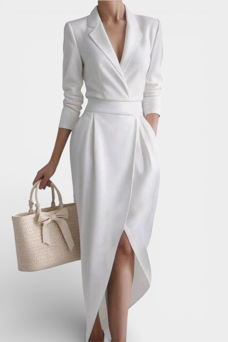 Allegra Robe Midi Tailleur Ivoire à Décolleté Croisé