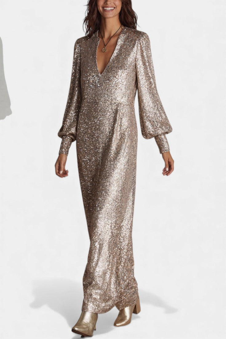 Kaleria Robe Longue Élégante à Col V et Coupe Ample