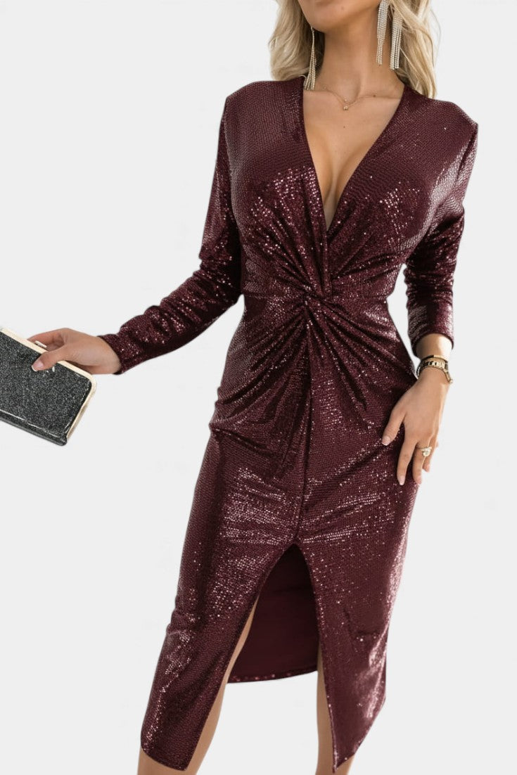 Sofina Robe Pailletée à Décolleté en V et Fente Élégante