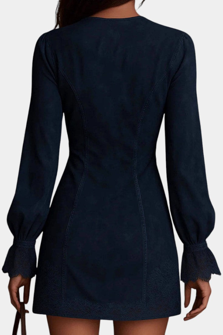 Vivencia Robe Mini Ajustée Bleue à Dentelle Raffinée
