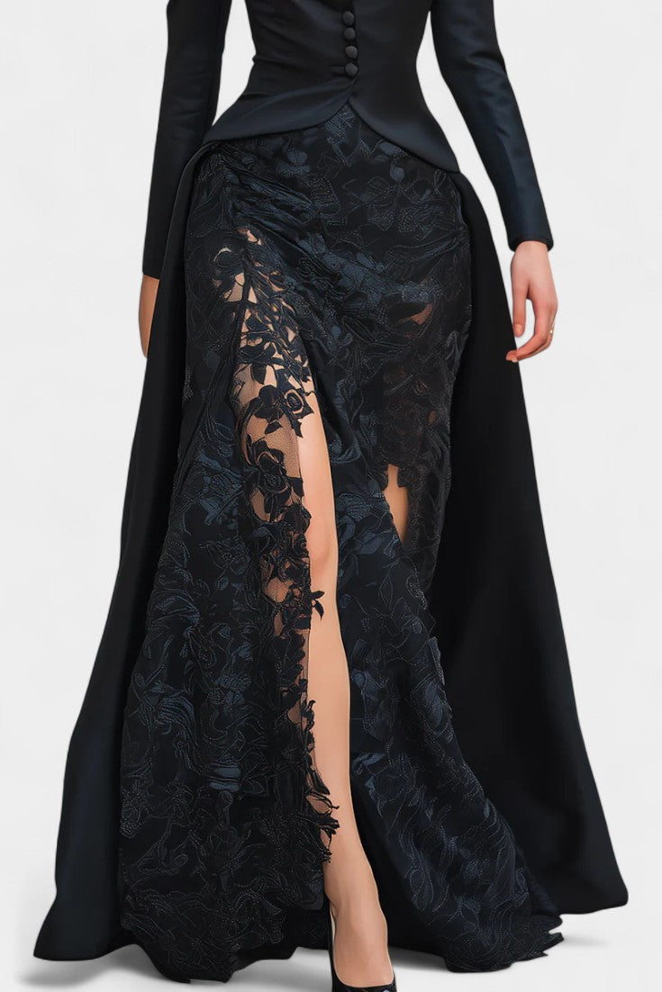 Flavienne Robe Blazer Longue en Satin et Dentelle Noire