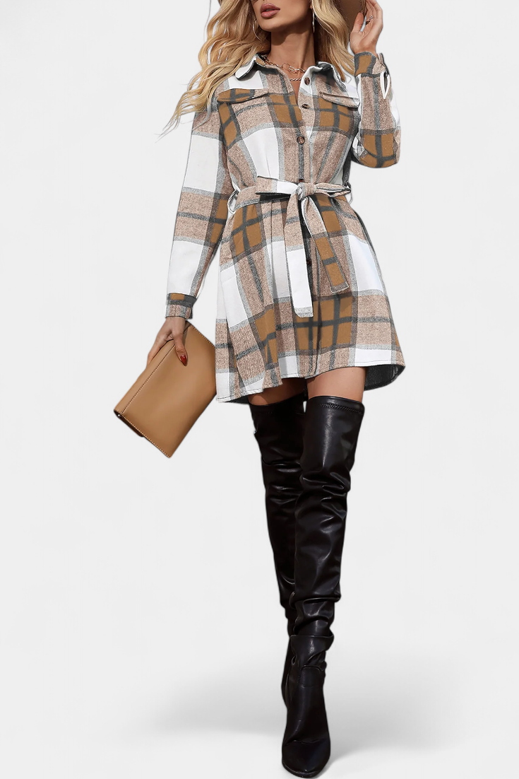Masia Robe Chemise Mini à Carreaux avec Ceinture Ajustable