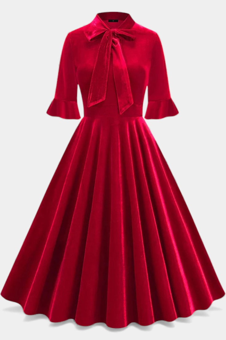 Domitille Robe Midi Vintage en Velours avec Manches Volantées et Nœud Élégant