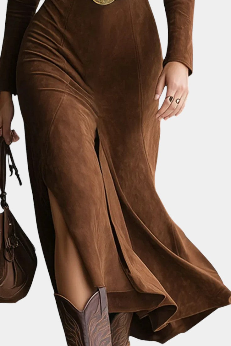 Huguette Robe Midi Fendue en Suédine Synthétique Style Western Rétro