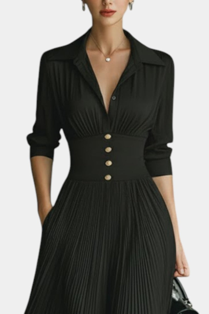 Fébronie Robe Longue Plissée à Col à Revers et Manches Longues