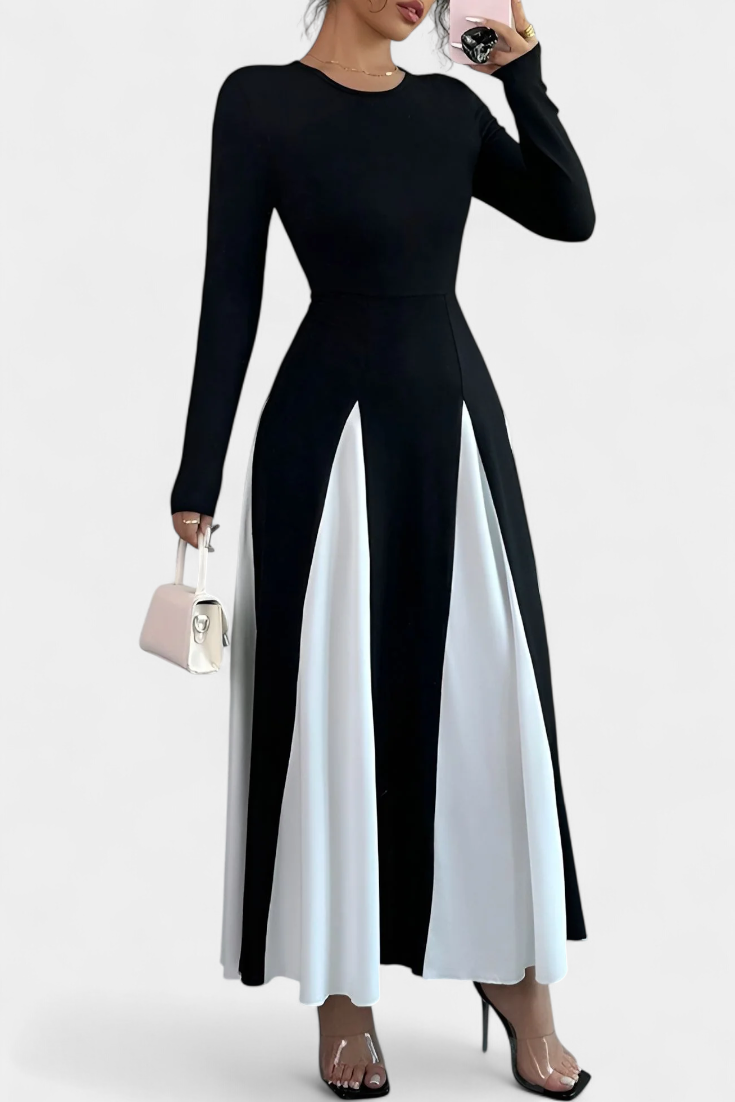 Veronique Robe Maxi Bicolore à Col Rond et Manches Longues
