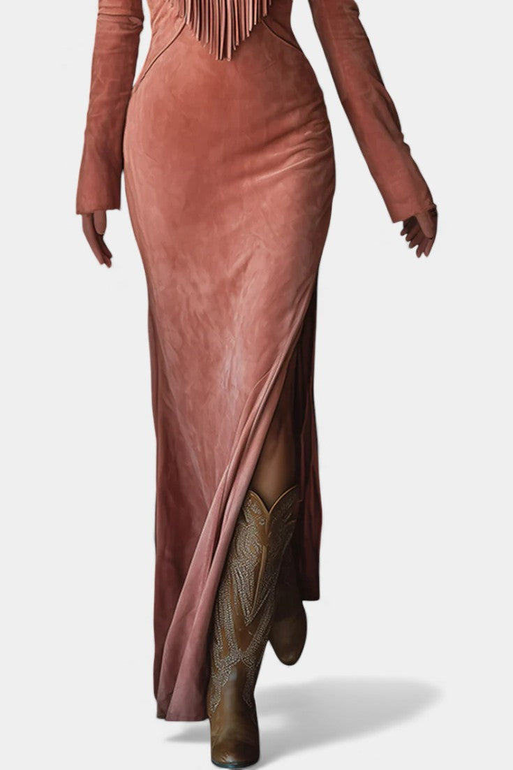Ambre Robe Maxi en Suède Synthétique Rose Brodée avec Franges Western