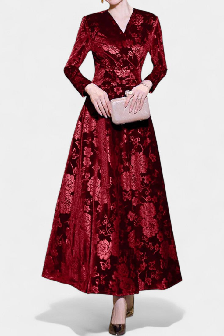 Ombeline Robe Longue en Velours à Col V et Motif Floral Texturé