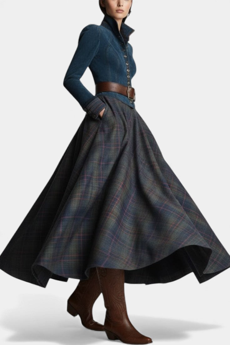 Liza Robe Maxi à Carreaux en Suède au Style Ethnique Rétro