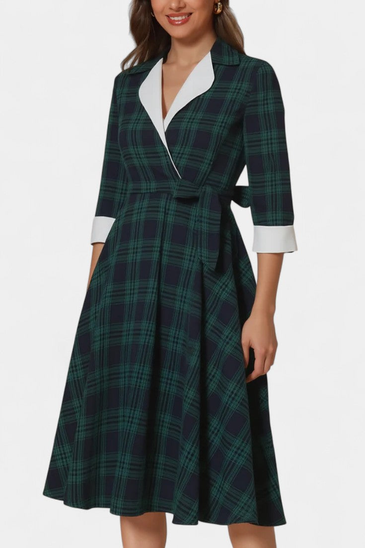 Marcelline Robe Midi Évasée à Carreaux avec Détail Lacé et Manches 3/4