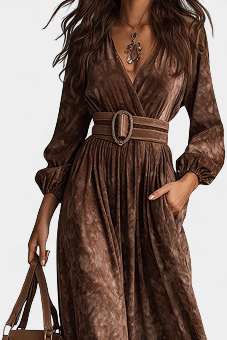 Myrtille Robe Maxi en Velours Chocolat à Col en V
