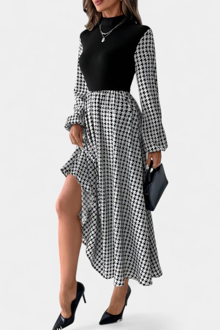 Lauriane Robe Midi Évasée à Col Montant et Motif Pied-de-Poule