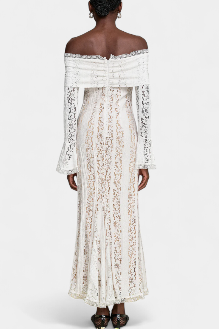 Rosalie Robe Taille Haute en Dentelle Off-Shoulder et Manches Évasées