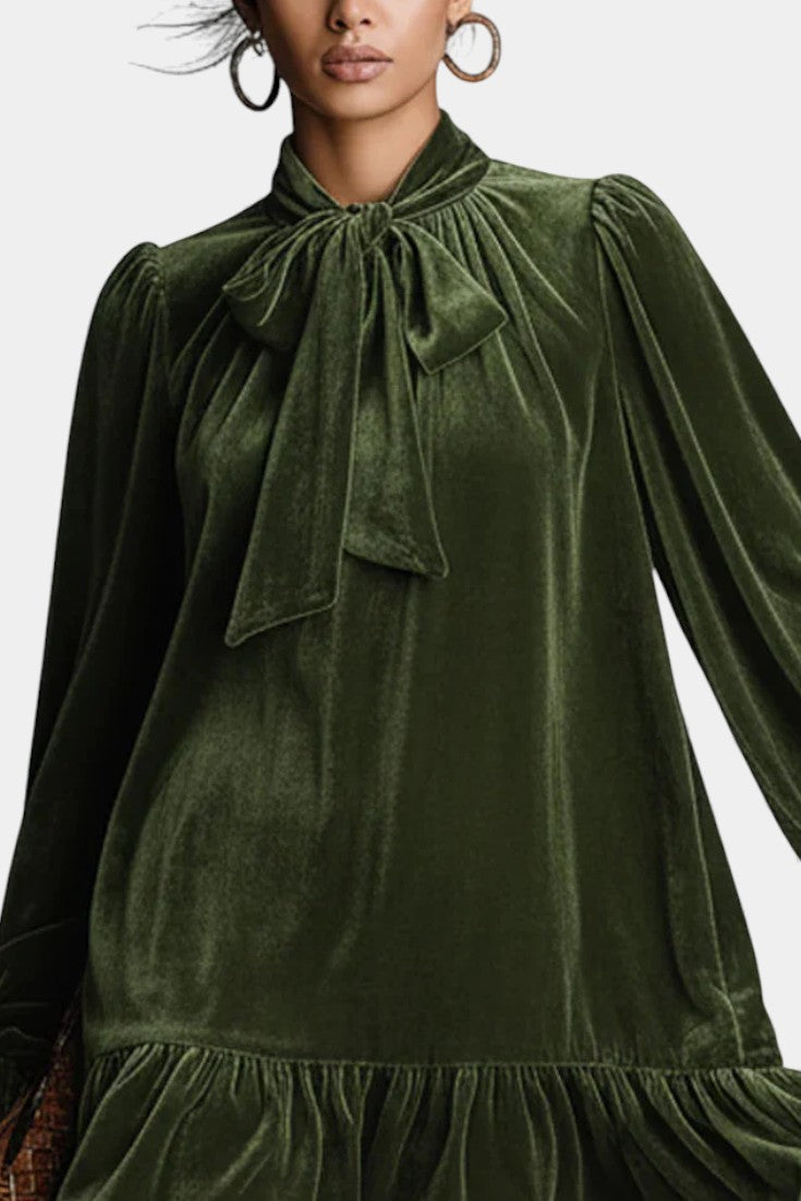 Albertine Robe Mini en Velours Ample avec Col Nœud Papillon