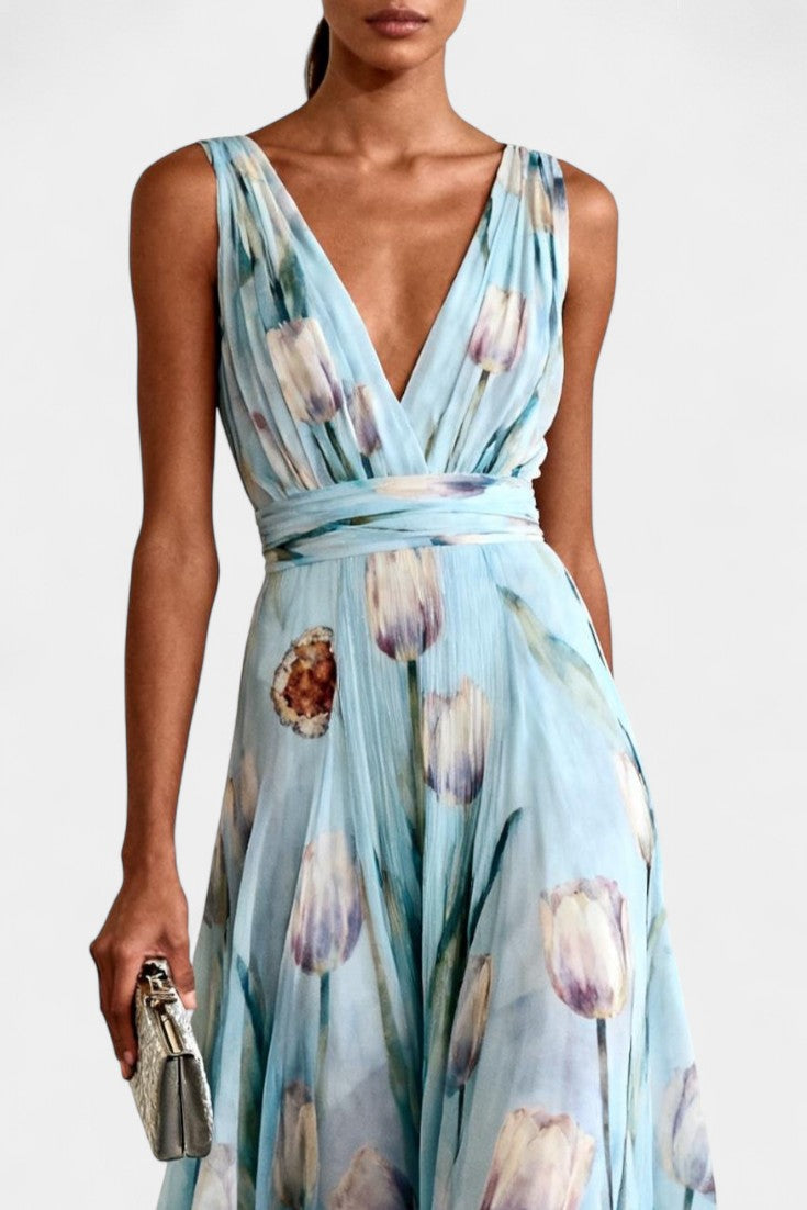 Philippa Robe Longue en Chiffon Fleuri à Décolleté en V