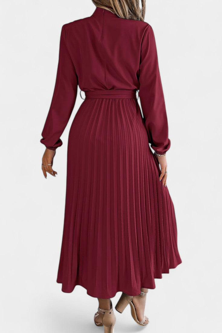 Morgane Robe Plissée à Col Montant Froncé et Taille Nouée
