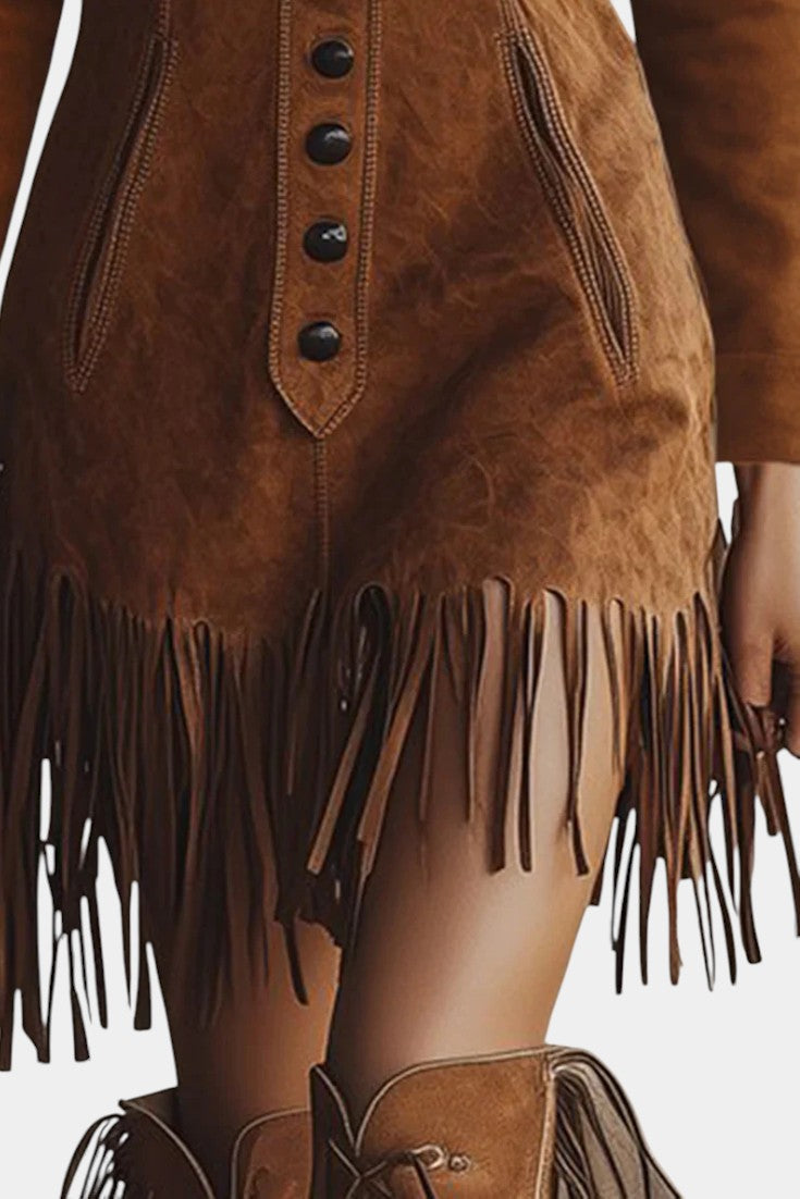Erminia Robe Longue en Suédine Brune avec Manches et Franges Western