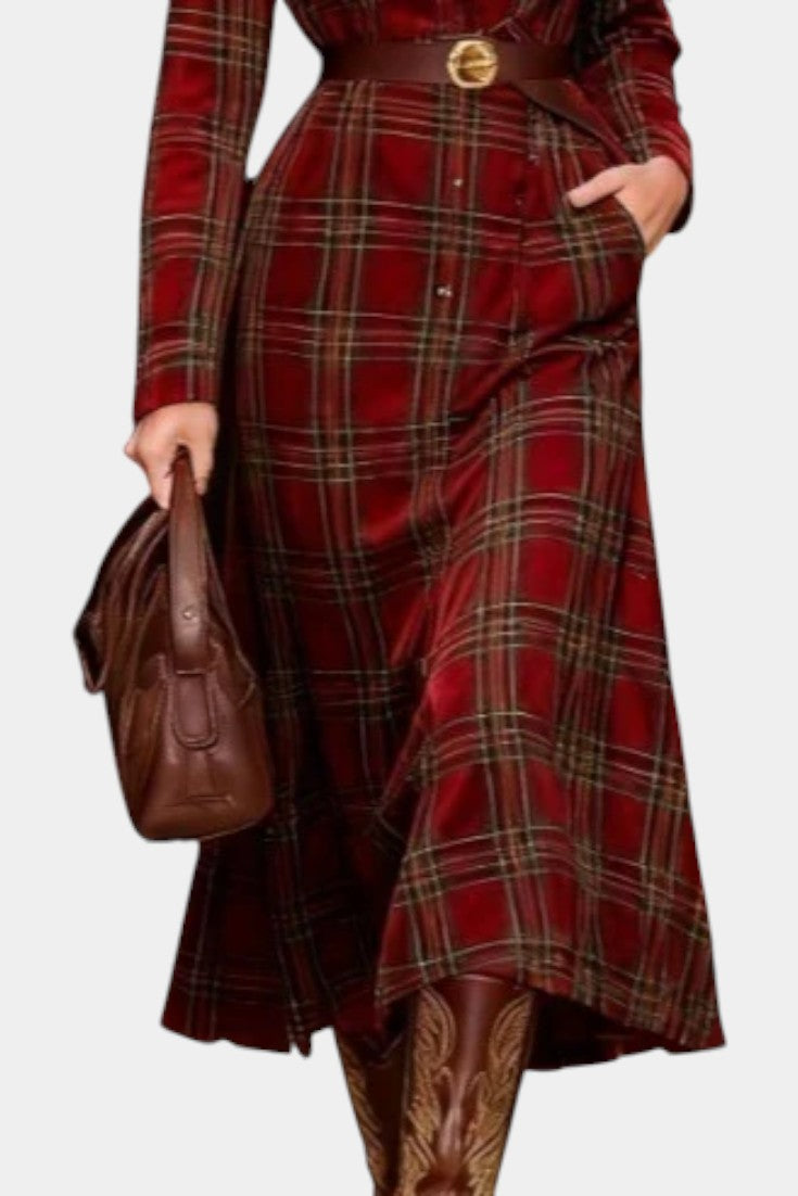 Lise Robe Chemise Longue à Carreaux Rouges avec Ceinture