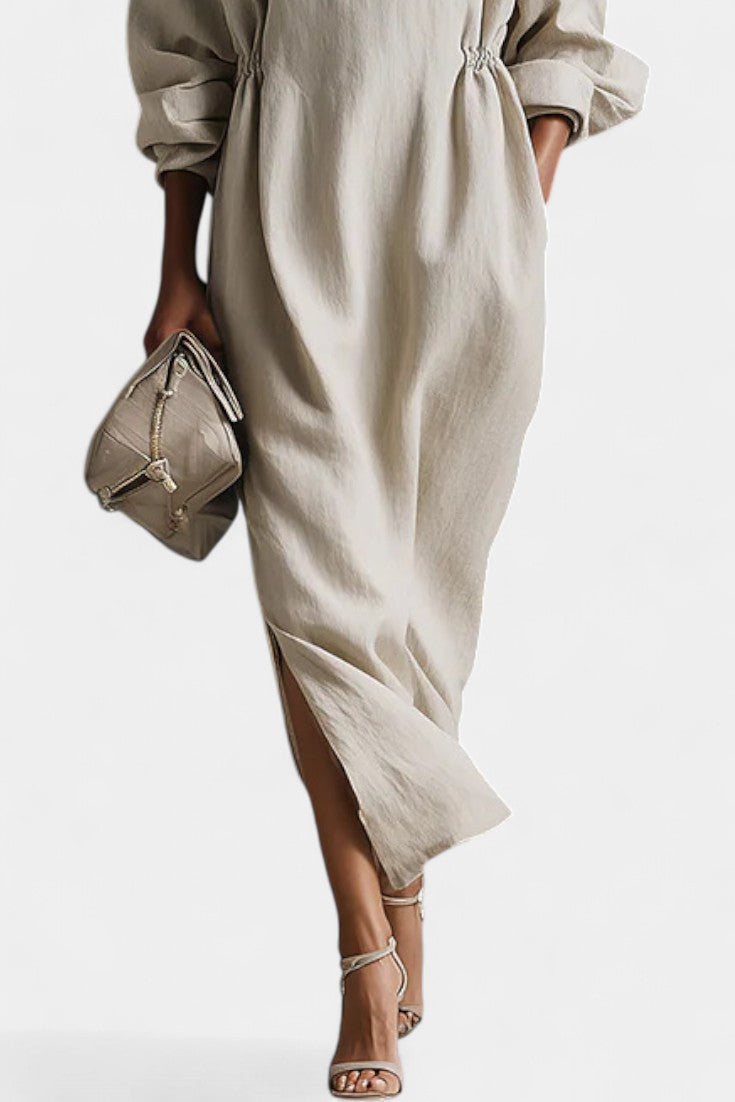 Adisa Robe Longue Fluide en Lin Écru à Col Chemise