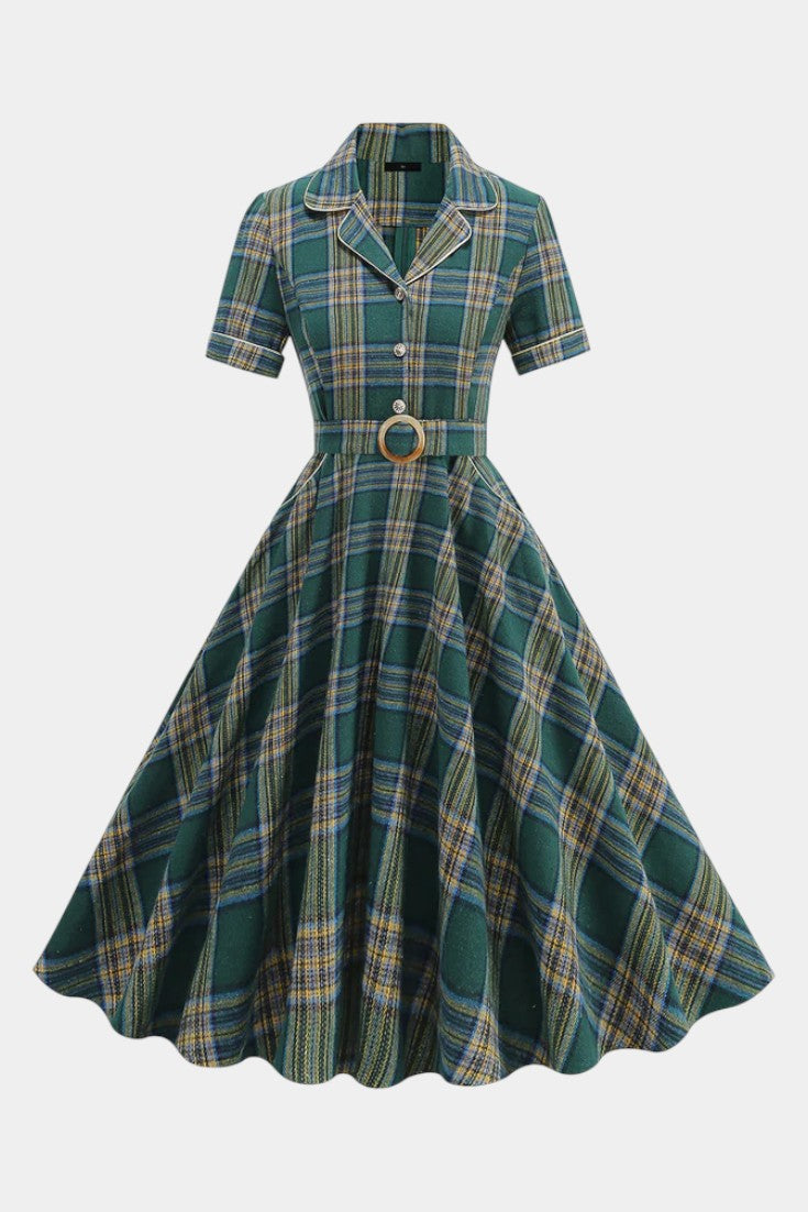 Lylas Robe Midi Vintage à Carreaux avec Revers Tailleur, Poches et Ceinture
