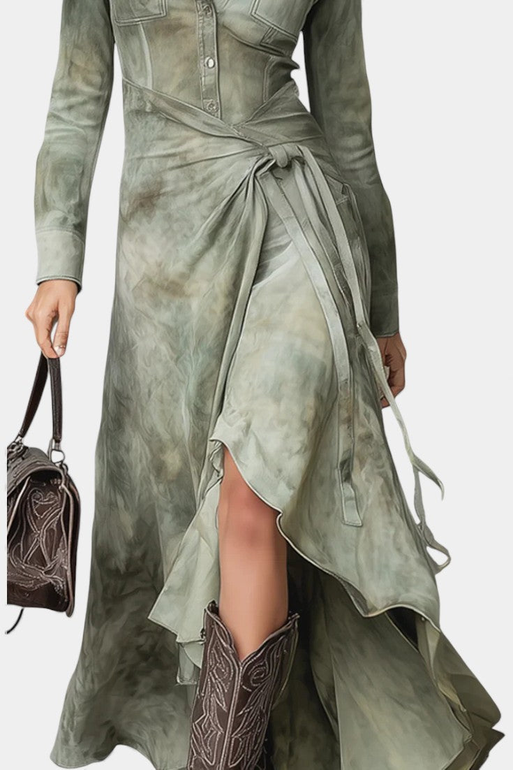 Sigrid Robe Maxi Slim en Suédine Tie-Dye Vert Sauge