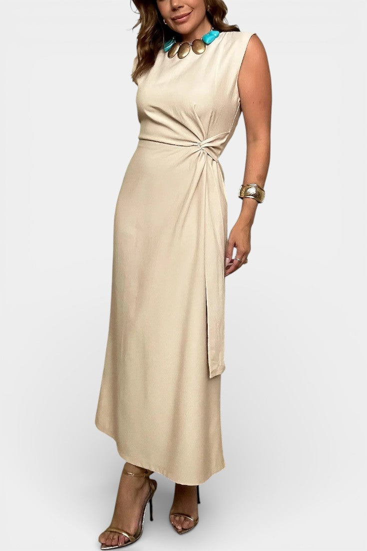 Cahla Robe Midi Sans Manches à Col Haut et Nœud Drapé