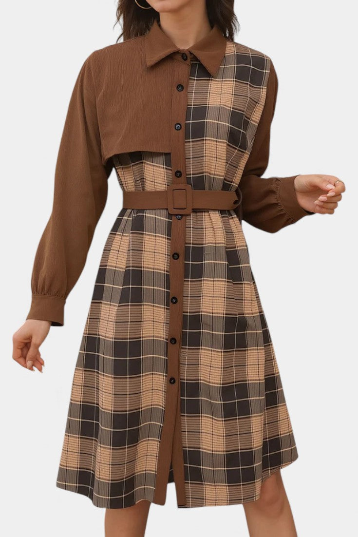 Naïla Robe Chemise Mi-Longue à Carreaux Patchwork Ceinturée