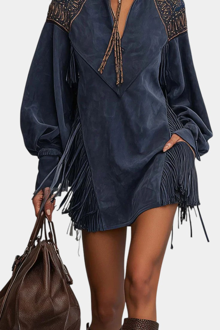 Féline Robe Mini Indigo à Col Montant, Broderies et Franges