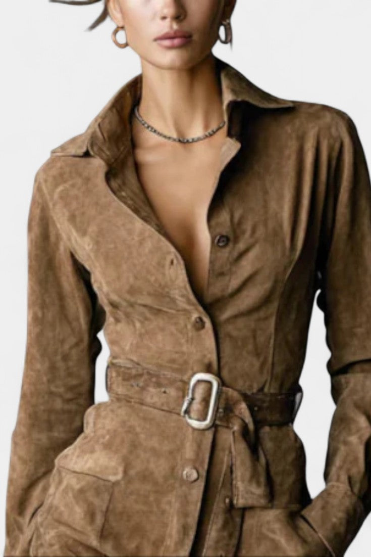 Ysoria Robe Midi en Suède à Col Revers et Manches Longues