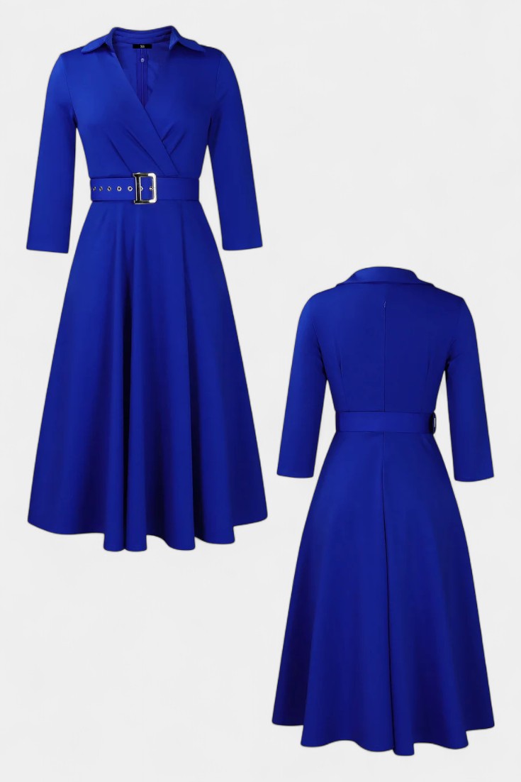 Constance Robe Midi Unie à Col Tailleur et Manches 3/4 Ceinturée