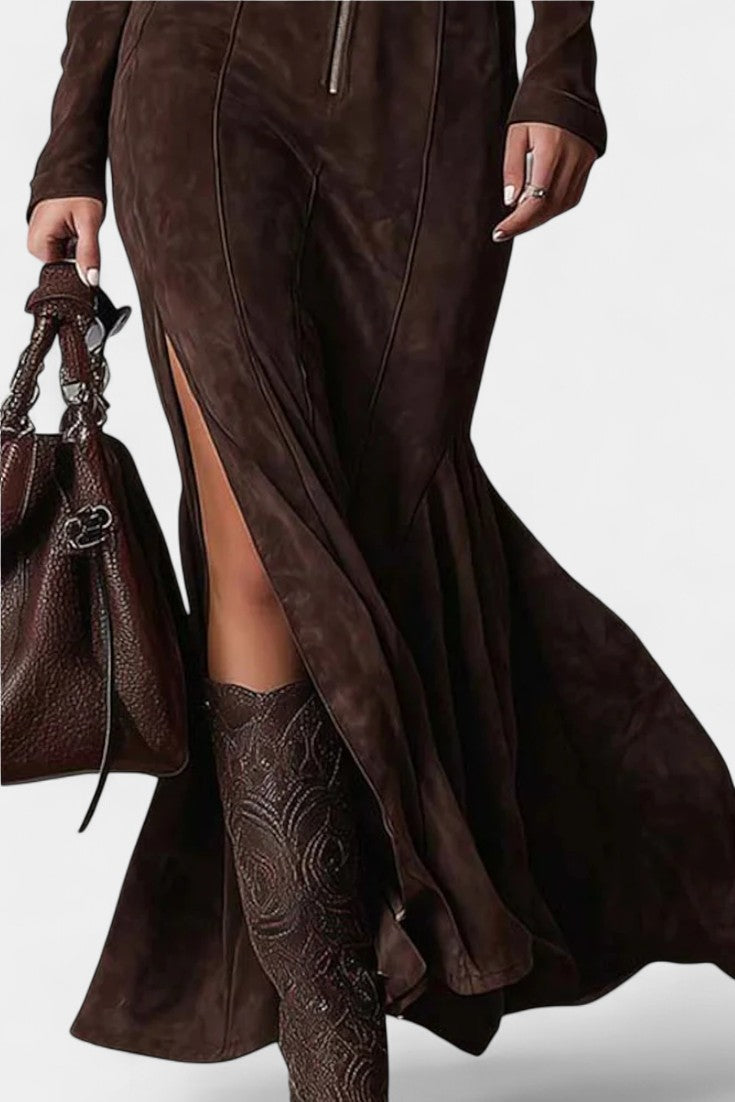 Perrine Robe Maxi Vintage Marron avec Fermeture Éclair et Ceinture
