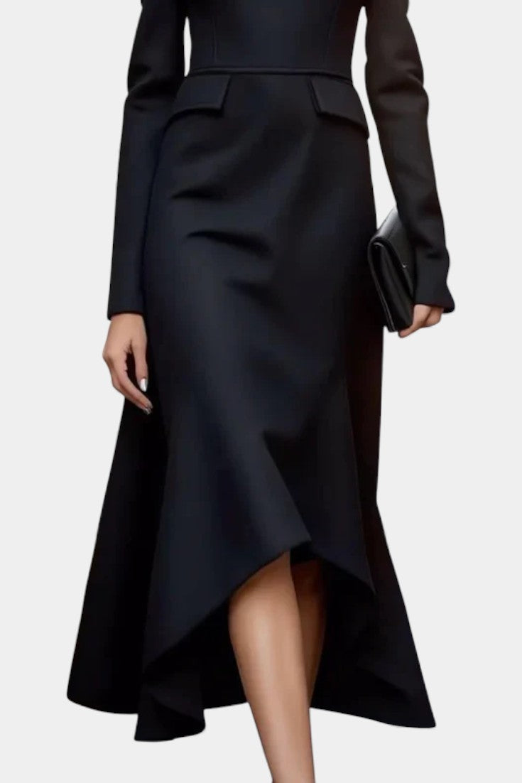 Géralda Robe Midi Ajustée à Manches Longues et Col Montant