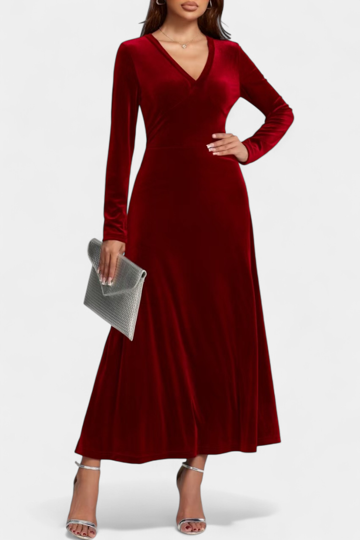 Alizée Robe Longue en Velours à Col en V et Coupe Évasée