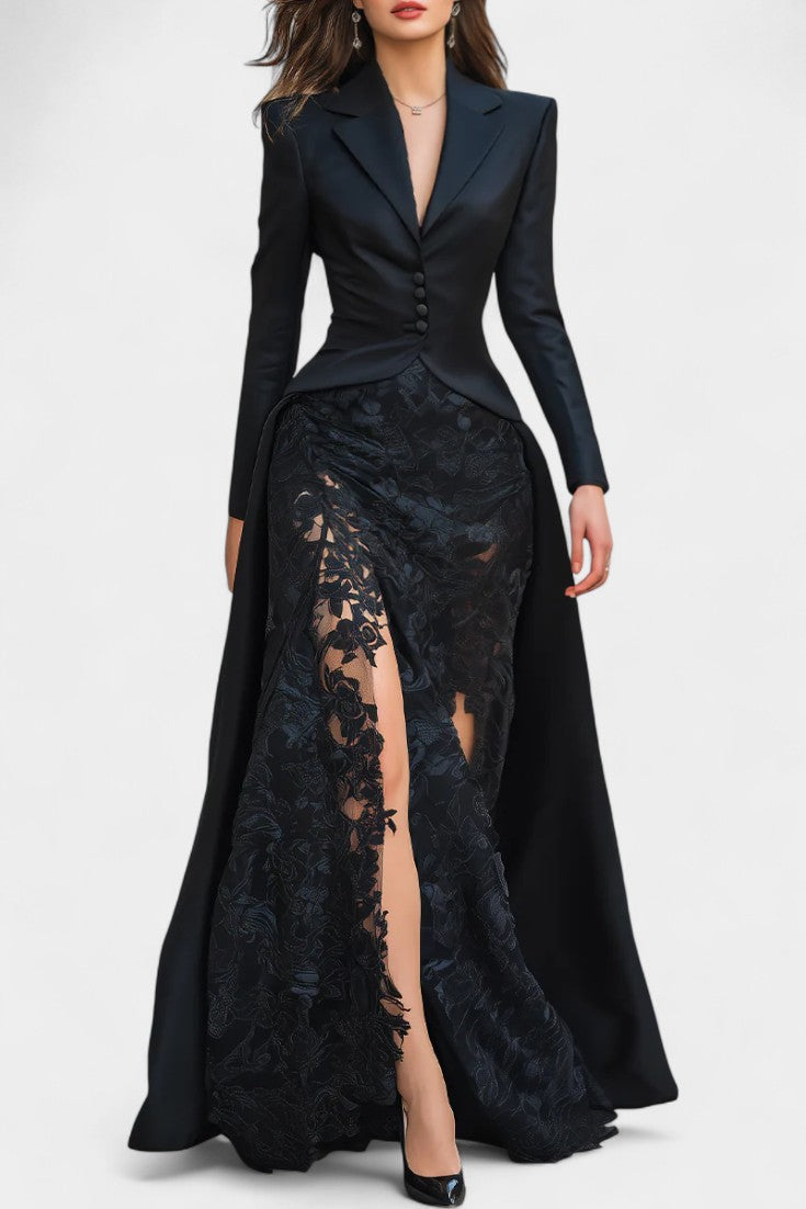 Flavienne Robe Blazer Longue en Satin et Dentelle Noire