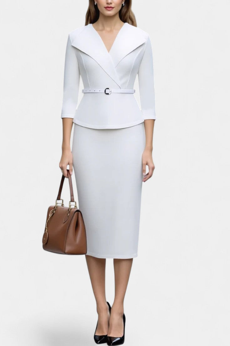 Ysabela Robe Midi Ajustée à Col à Revers et Ceinture