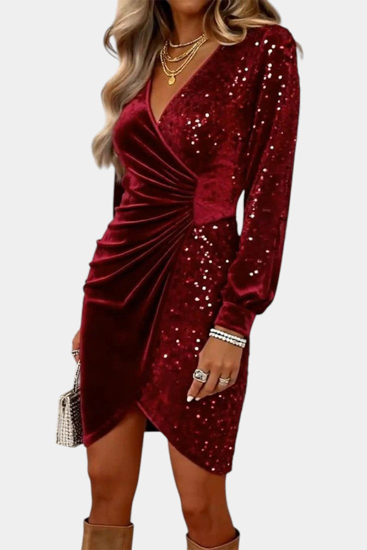 Taisila Robe en Velours à Paillettes et Décolleté Croisé