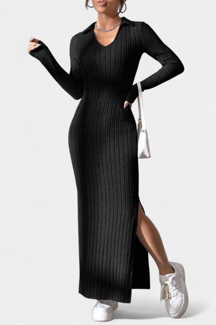 Élidia Robe Maxi Fendue à Col en V et Silhouette Ajustée