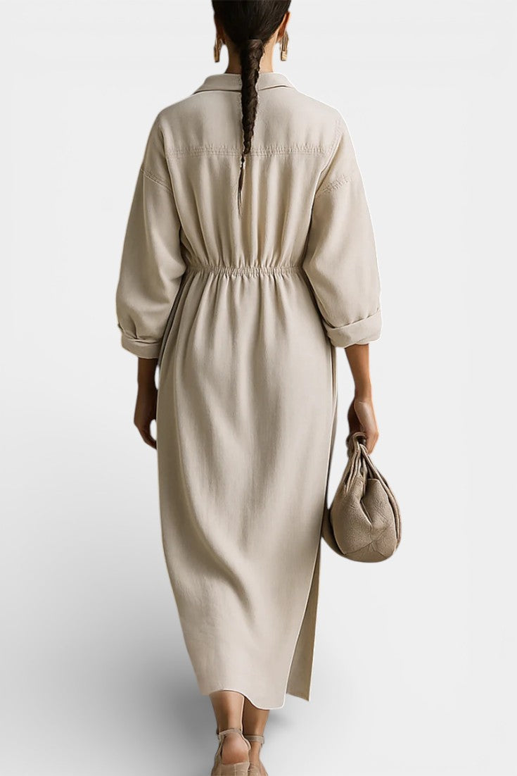 Adisa Robe Longue Fluide en Lin Écru à Col Chemise