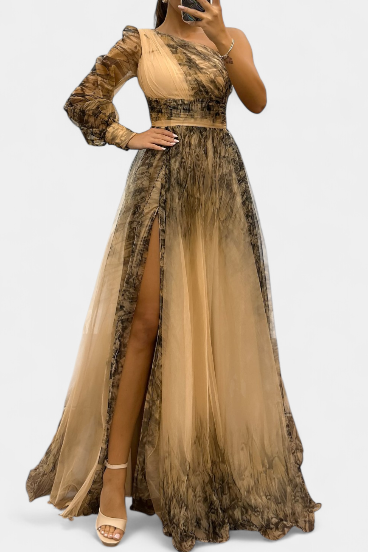 Becca Robe Longue Asymétrique en Chiffon à Fleur Structurée