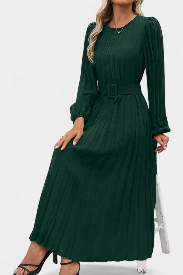 Christelle Robe Longue Plissée à Manches Bouffantes et Ceinture
