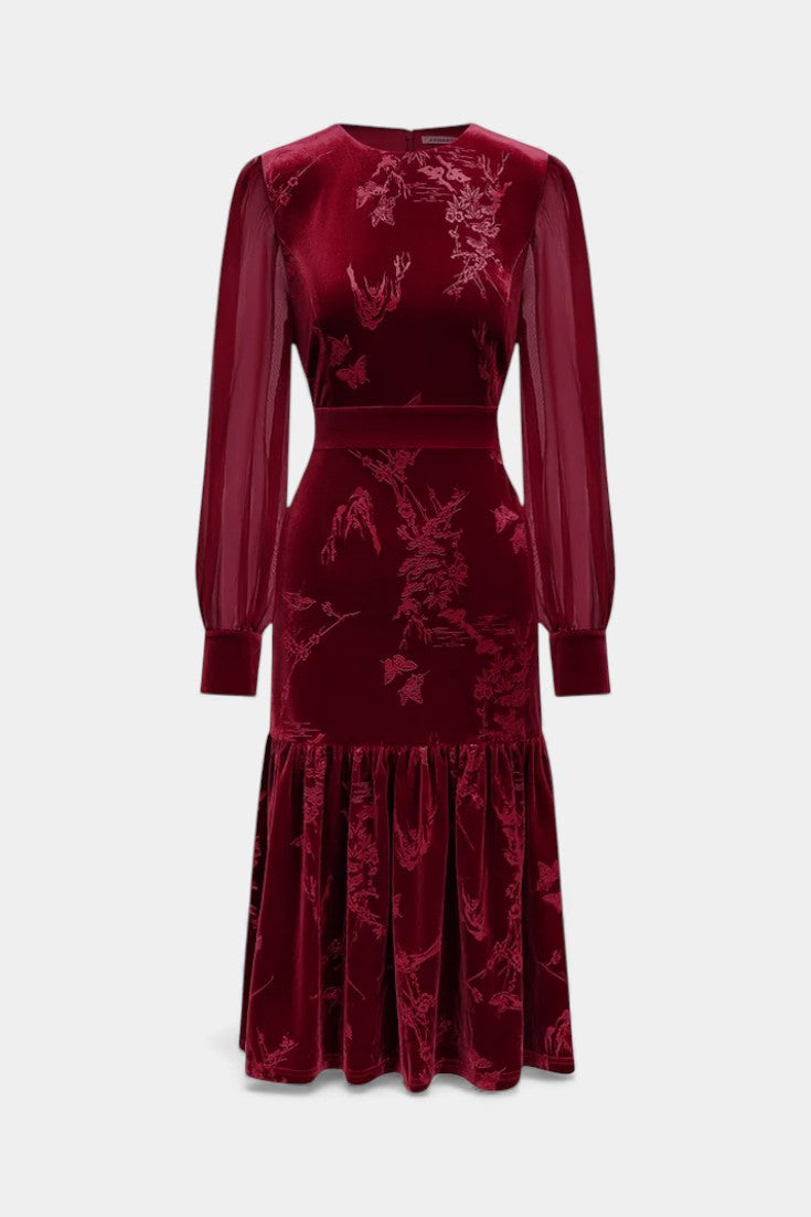 Mavluda Robe Midi Sirène à Manches Bouffantes et Col Rond