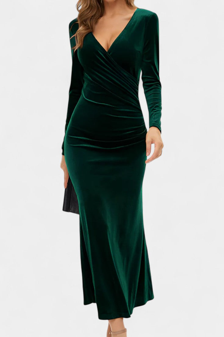 Hespérie Robe Longue en Velours à Fronces Asymétriques et Ourlet Sirène
