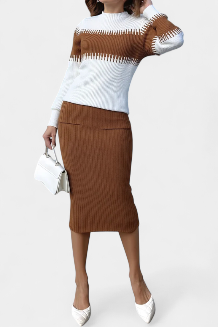 Sidonie Ensemble Robe Pull Midi Bicolore à Manches Longues