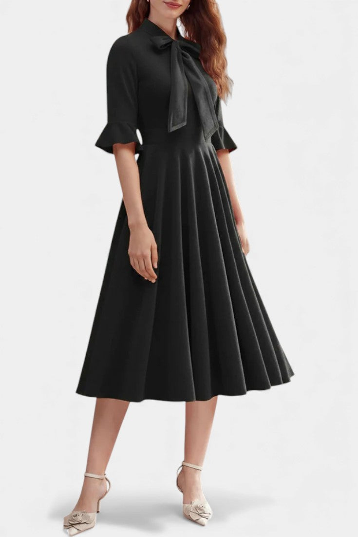 Domitille Robe Midi Vintage en Velours avec Manches Volantées et Nœud Élégant
