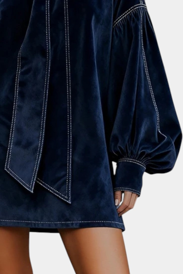 Toamela Robe Mini en Velours Bleu Foncé à Manches Lanternes