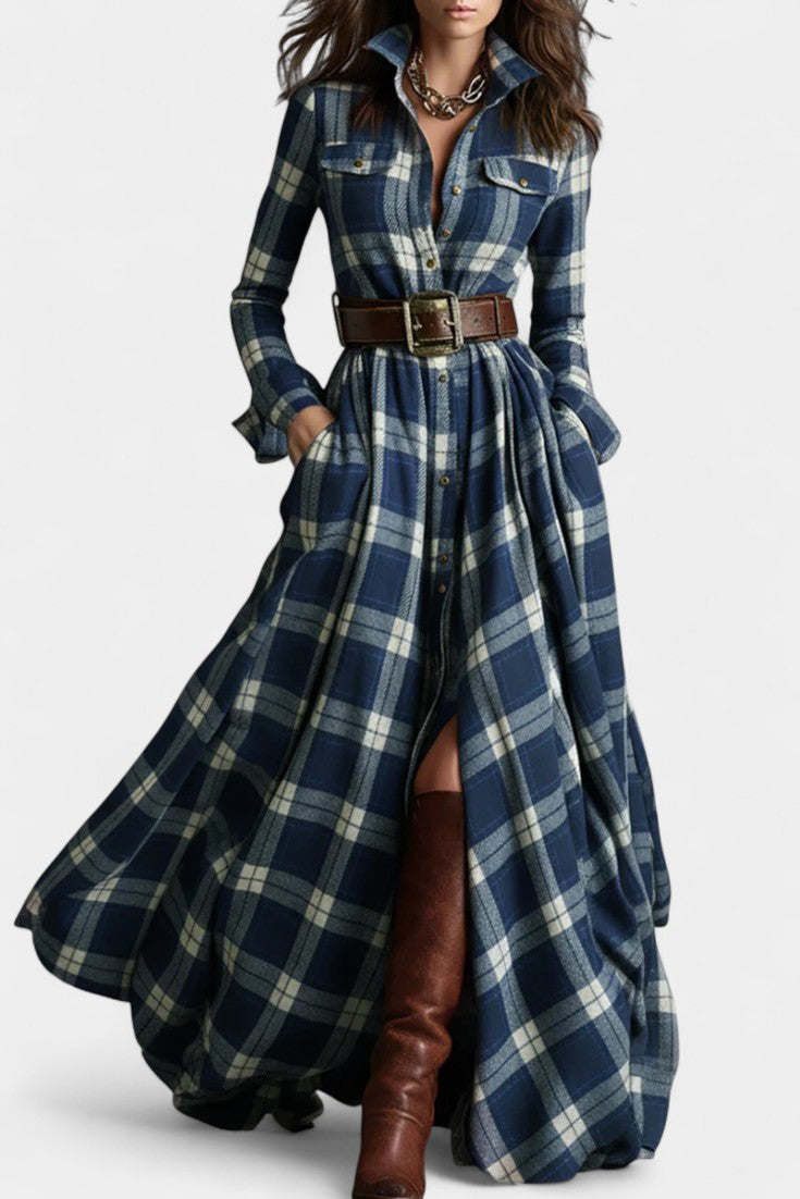 Eustelle Robe Maxi à Carreaux Bleu avec Col
