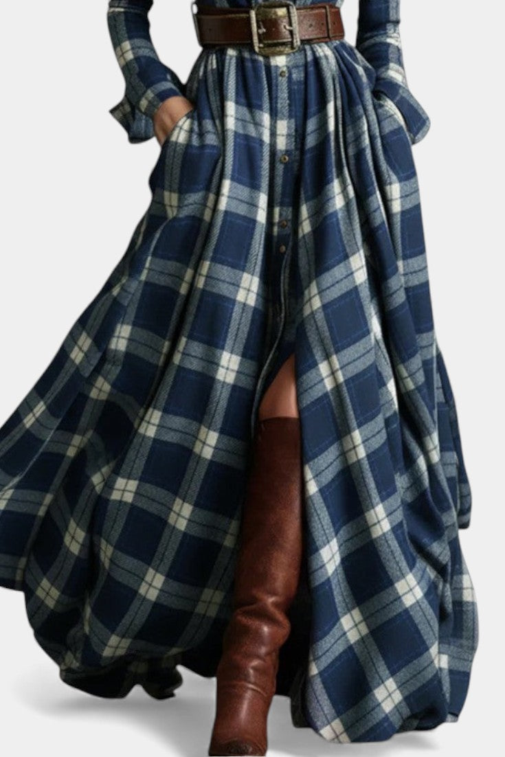 Eustelle Robe Maxi à Carreaux Bleu avec Col