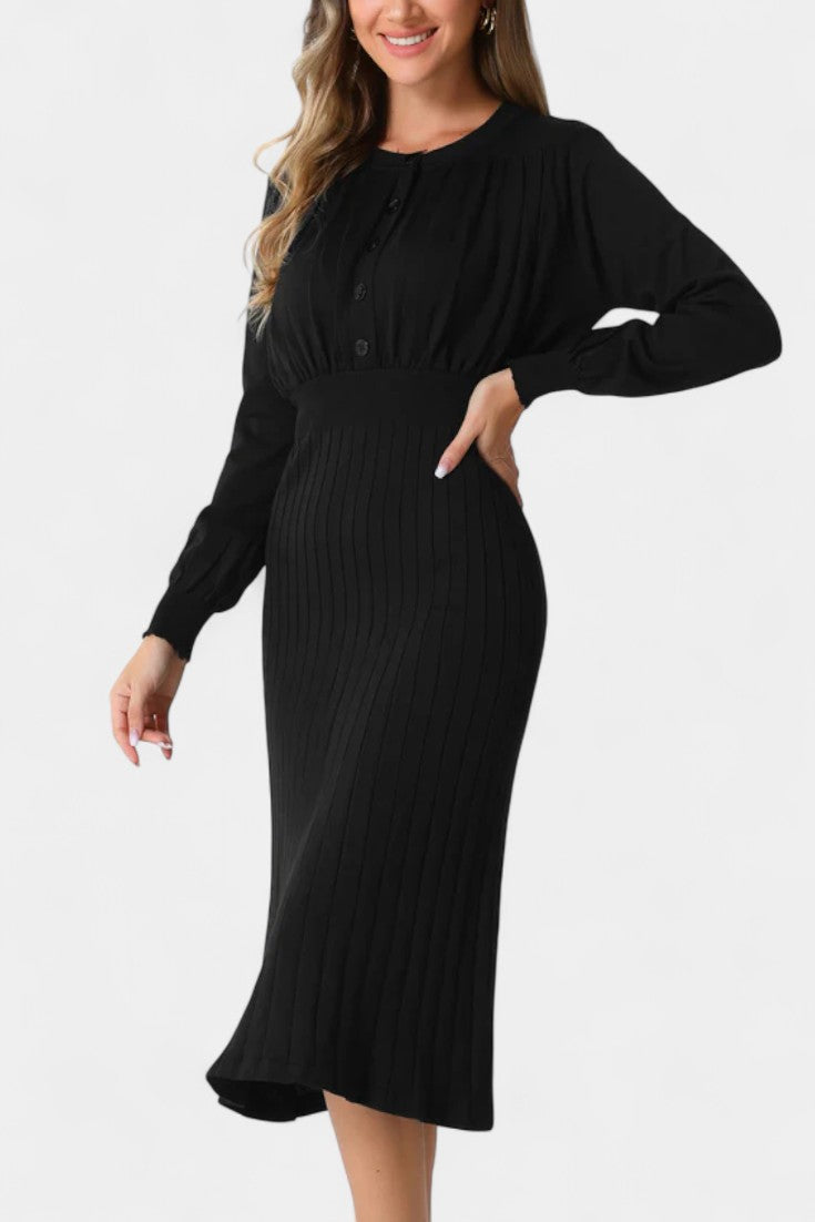Arsina Robe Pull Midi Côtelée à Manches Lanterna et Col Rond