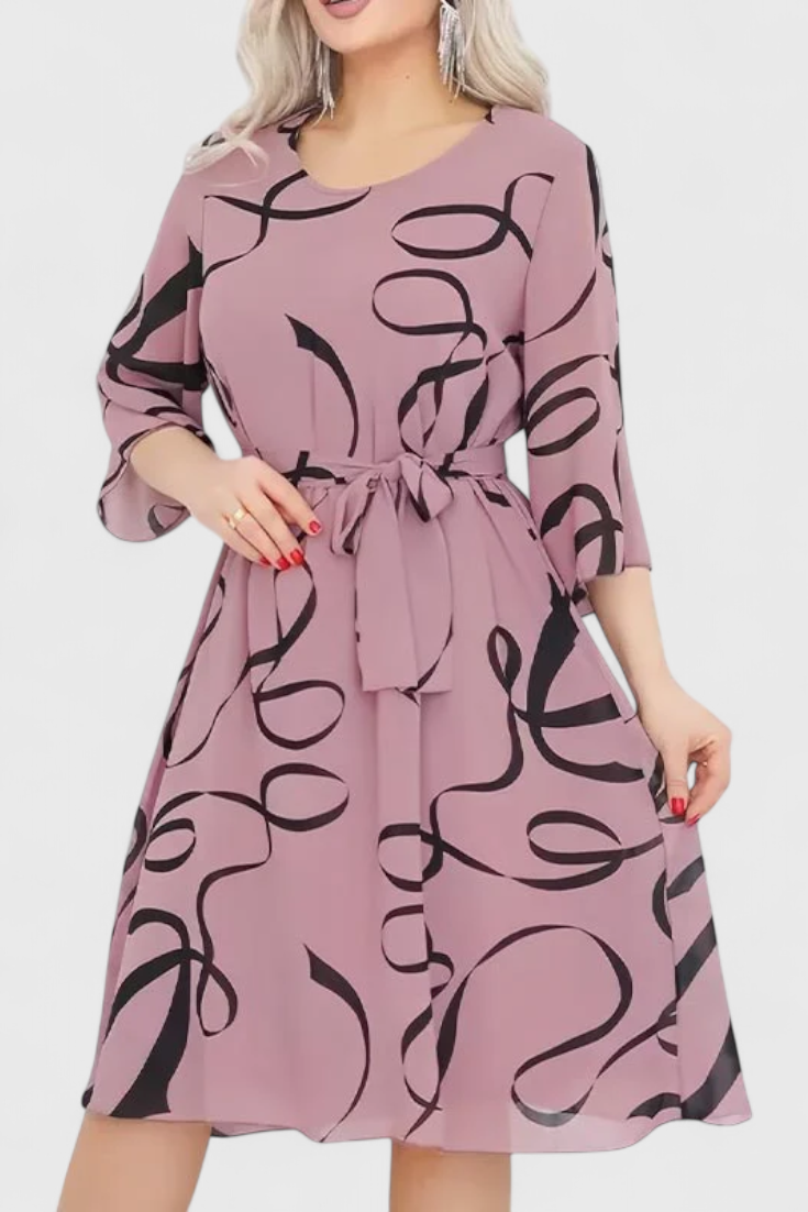 Ame Robe Midi à Imprimé Abstrait et Ceinture Ajustable